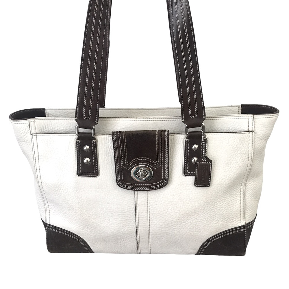 Coach Hampton Pebble Leather White Brown Shoulder Handbag Women Size L  …
